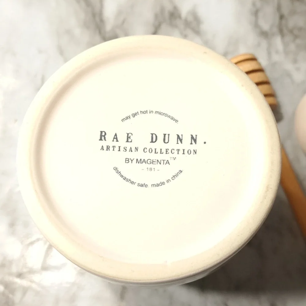Rae Dunn Ceramic HONEY‎ Pot/ Jar With Wooden Honey Dipper  & Yellow Bee Lid